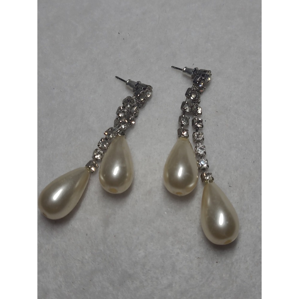 Vintage Rhinestone Faux Pearl Teardrop Dangle Earrings Mid Century Bridal Retro